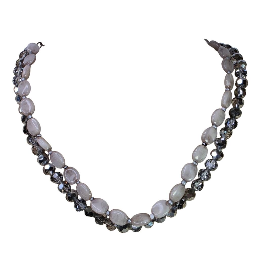 Vintage Necklace Disco Beveled Beads w/ Pale White on Chain 23 Inch